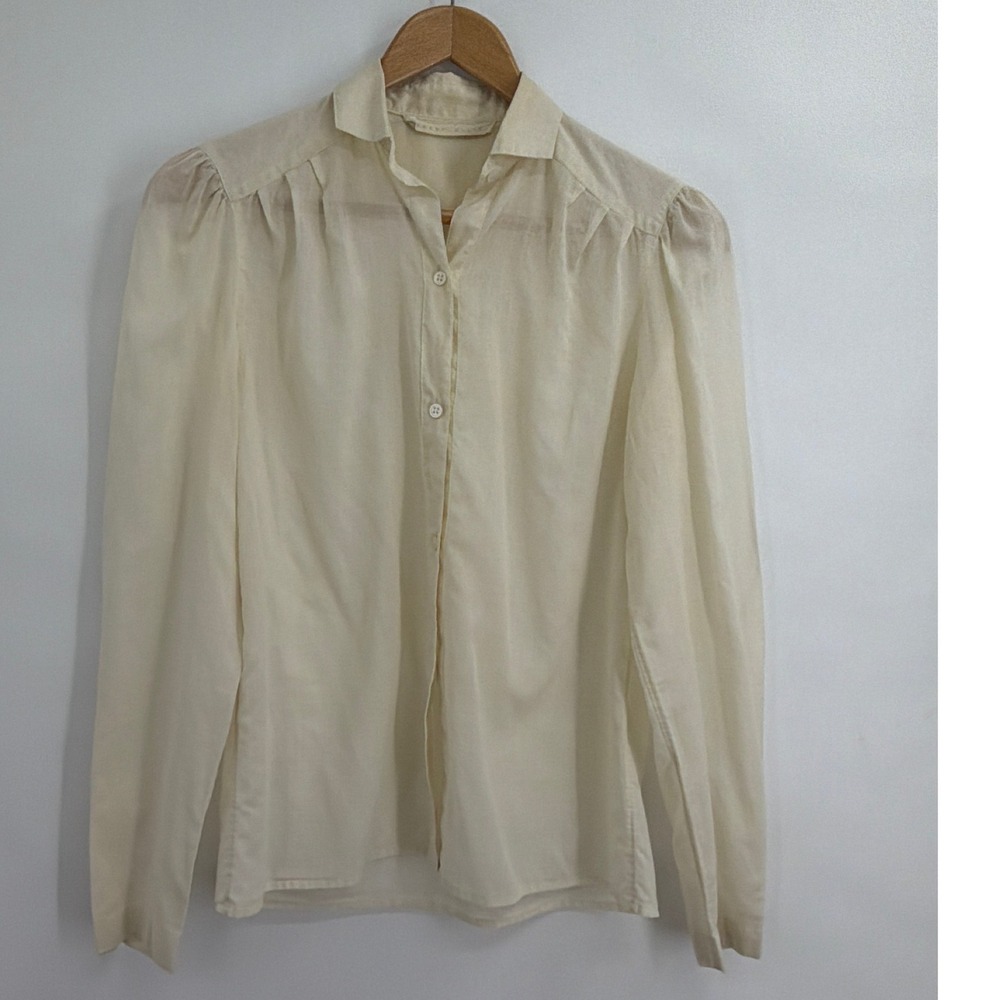 Vintage Perry Ellis Cream Cotton Button‎ Down Blouse Long Sleeve Puff Shoulder